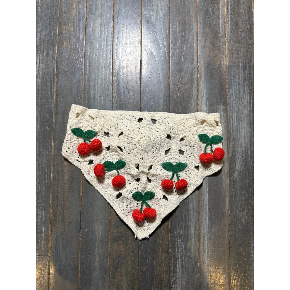 Crochet Cherry Bandana Head Scarf Boho Cottagecore Kerchief Cream